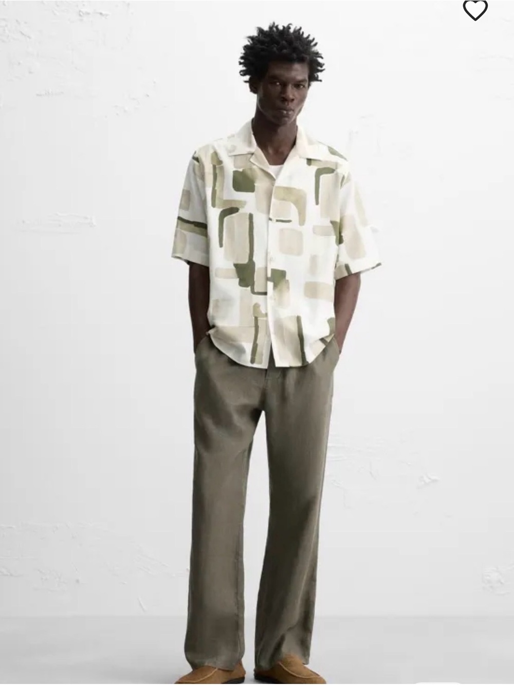 ZARA Abstract Geo Print Short-Sleeve Button Shirt - Cream & Olive